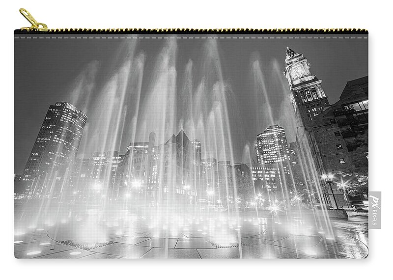 Boston Zip Pouch featuring the photograph Boston Greenway Fountain Boston MA Custom House Black and White by Toby McGuire