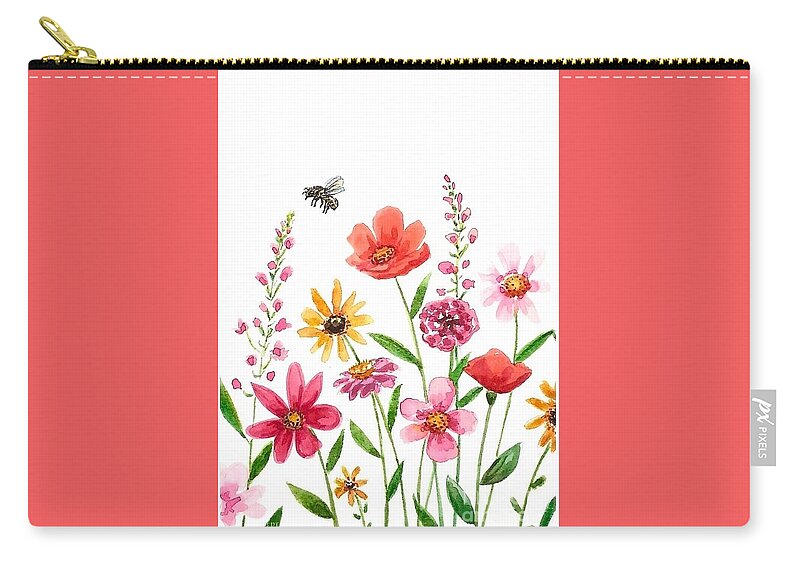 Flowers Zip Pouch featuring the painting Botanical Flowers and Bees by Elizabeth Robinette Tyndall