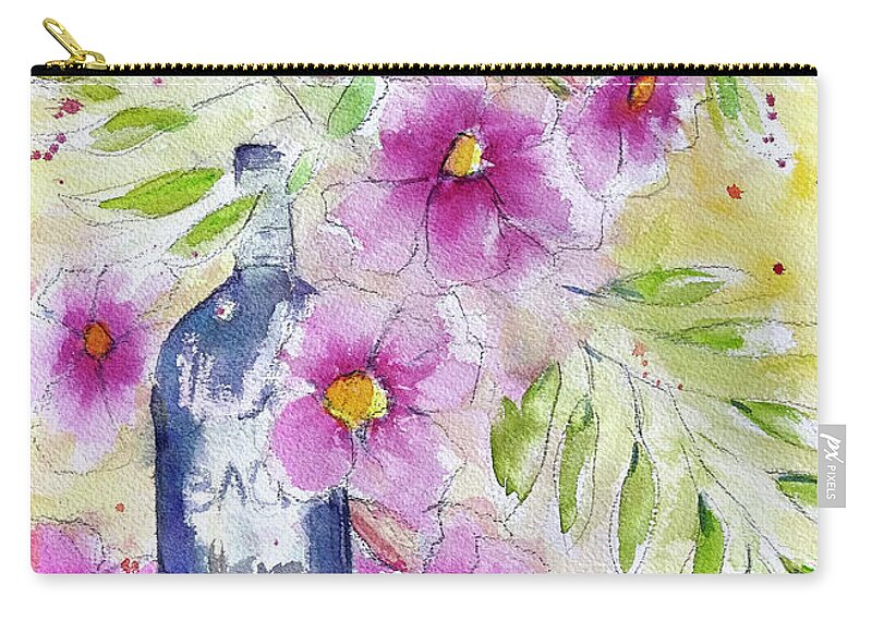Wine Bottle Zip Pouch featuring the painting Bottle and Blooms by Roxy Rich