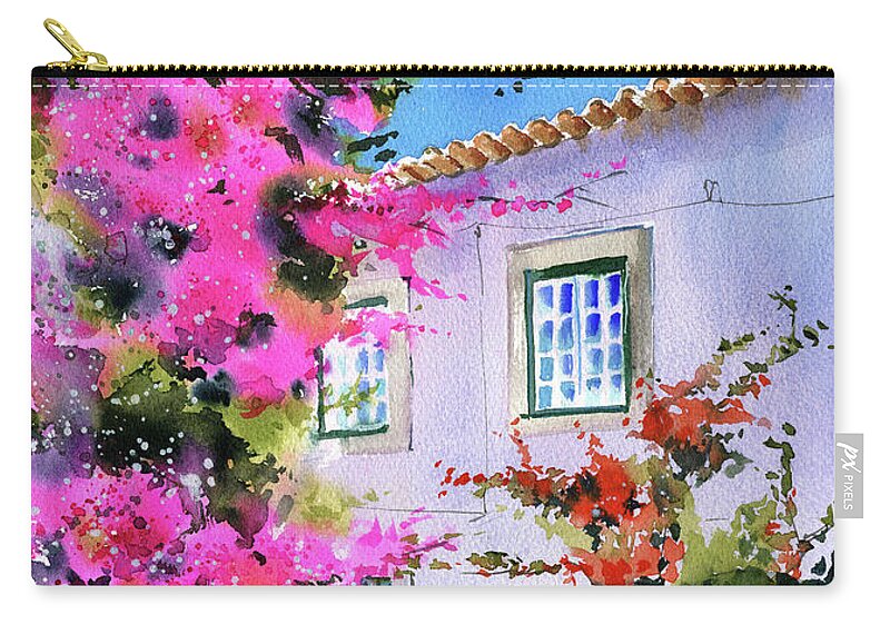 Portugal Zip Pouch featuring the painting Bougainvilleas of Obidos Portugal Painting by Dora Hathazi Mendes