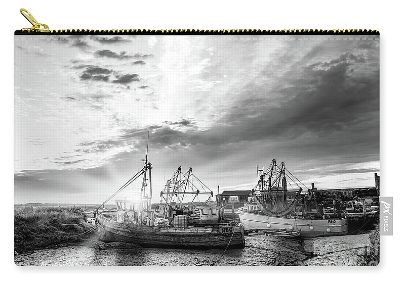 Norfolk Carry-all Pouch featuring the photograph Brancaster Norfolk fishing trawlers at sunrise BW by Simon Bratt