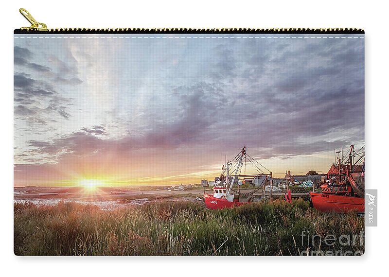 Norfolk Zip Pouch featuring the photograph Brancaster Staithe harbour boats at sunrise in Norfolk by Simon Bratt