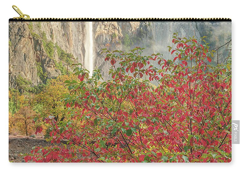 Bridalveil Zip Pouch featuring the photograph Bridalveil Fall and Red Leaf by Bill Roberts