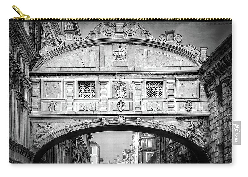 Bridge Of Sighs Zip Pouch featuring the photograph Bridge of Sighs Venice Italy Black and White by Carol Japp