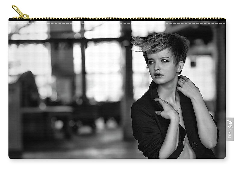 Russian Artist New Wave Zip Pouch featuring the photograph Briella at Factory. Black and White by Vitaly Vakhrushev