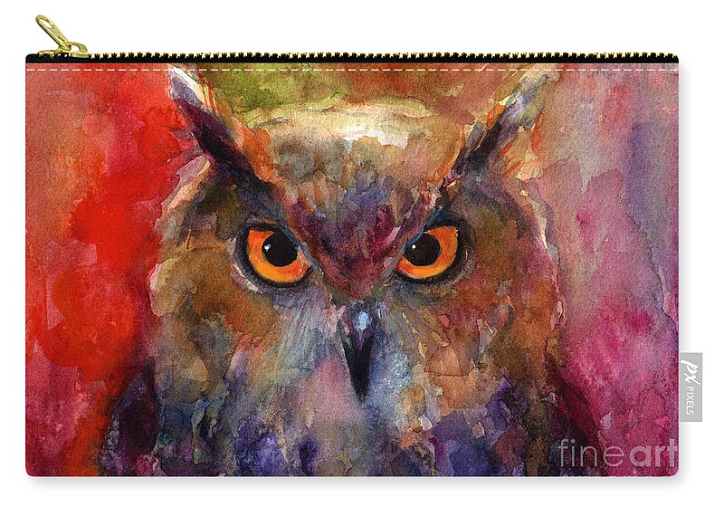 Owl Painting Zip Pouch featuring the painting Bright impressionist Owl watercolor painting by Svetlana Novikova