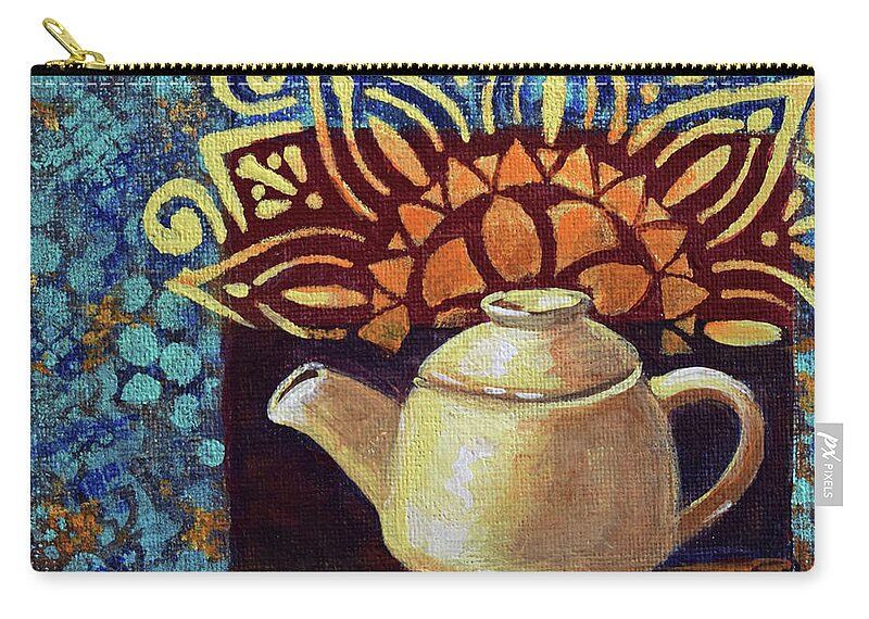 Teapot Print Zip Pouch featuring the mixed media Bright Morning Teapot by Cheri Wollenberg