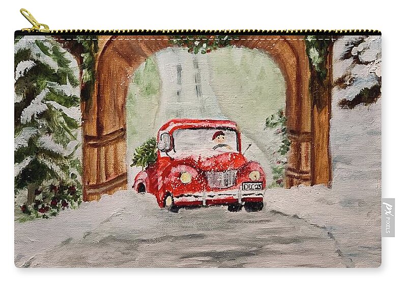 Red Truck Zip Pouch featuring the painting Bringing Home the Tree by Juliette Becker