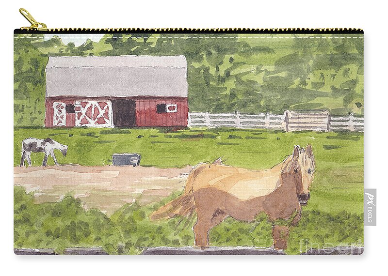 Barn Zip Pouch featuring the painting Happy horse at Broadneck Stable by Maryland Outdoor Life