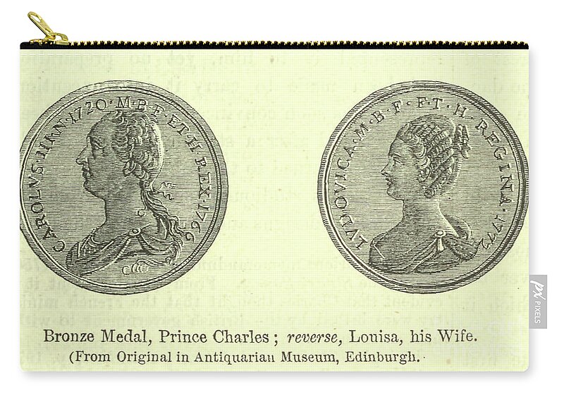 Bronze Zip Pouch featuring the drawing Bronze Medal, Prince Charles reverse, Louisa, his Wife n5 by Historic Illustrations