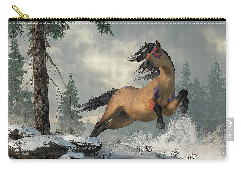 Buckskin Zip Pouch featuring the digital art Buckskin War Horse by Daniel Eskridge