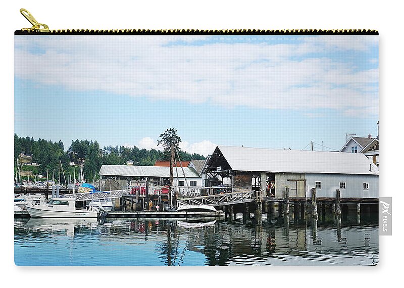 Harbor Zip Pouch featuring the photograph Bujacich Tarabochia Net Sheds by Bill TALICH