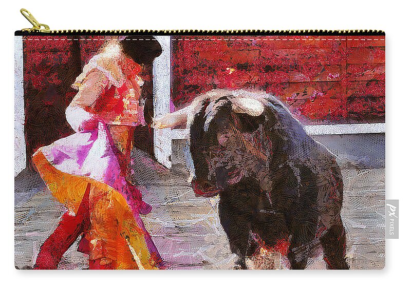 Bull Zip Pouch featuring the painting Bullfighting in Spain by Charlie Roman