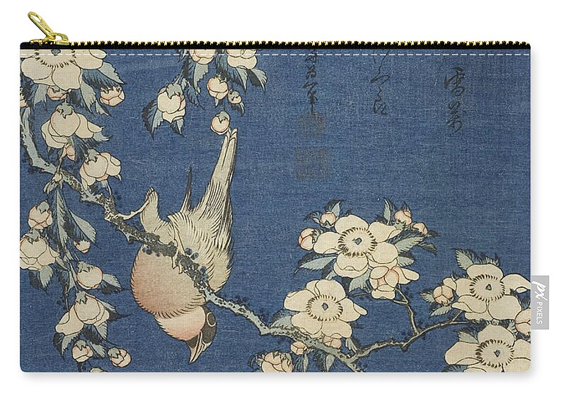 19th Century Art Zip Pouch featuring the relief Bullfinch and Weeping Cherry, from an untitled series of flowers and birds by Katsushika Hokusai