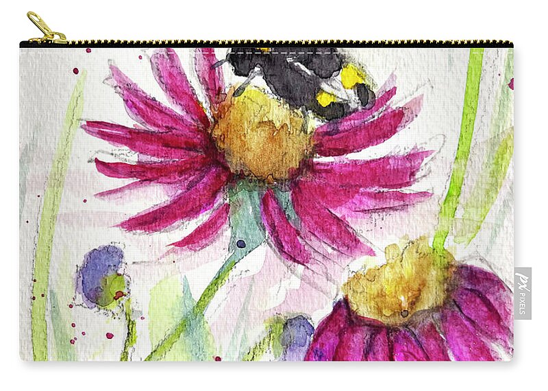 Bee Painting Zip Pouch featuring the painting Bumble Bee in the Coneflowers by Roxy Rich
