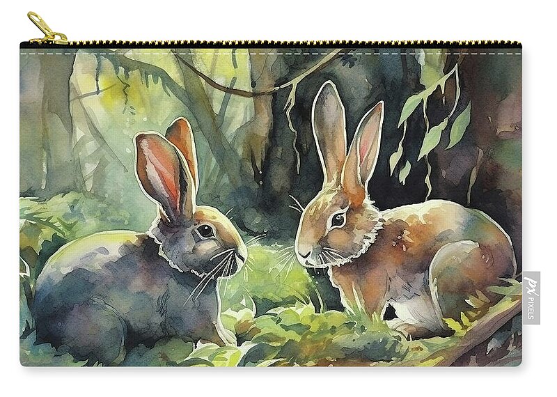 Springtime Zip Pouch featuring the digital art Bunnies in the Woods by Annalisa Rivera-Franz