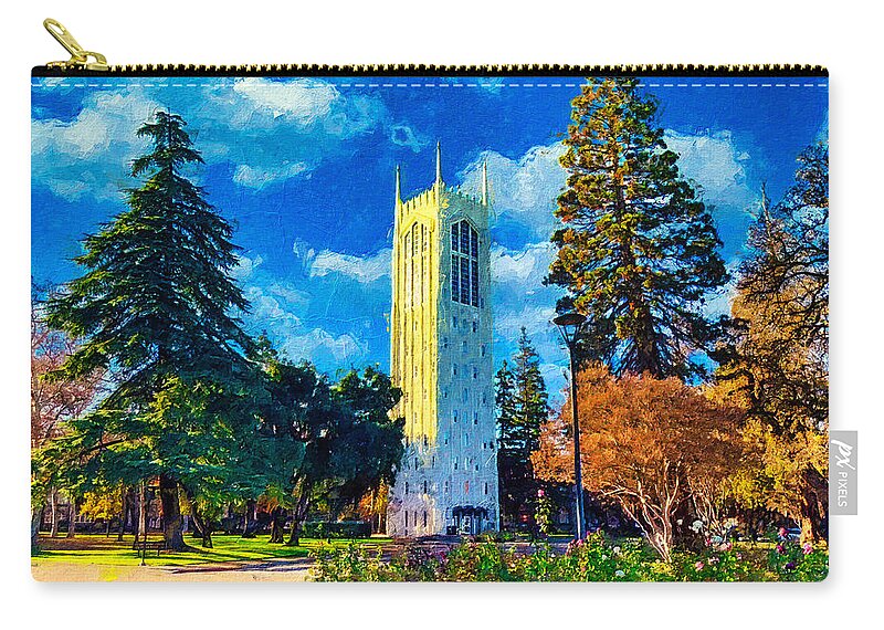 Burns Tower Zip Pouch featuring the digital art Burns Tower of the University of the Pacific in Stockton, California by Nicko Prints