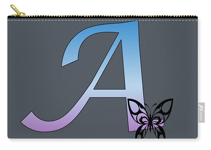 Monogram Zip Pouch featuring the digital art Butterfly Silhouette on Monogram Letter A Gradient Blue Purple by Ali Baucom