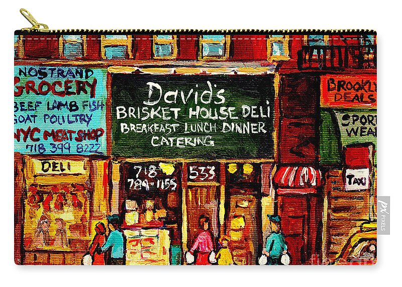 New York Zip Pouch featuring the painting C Spandau Fine Artist Paints Best New York City Restaurants David's Brisket House Deli Crown Heights by Carole Spandau