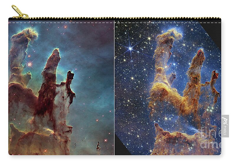 August Zip Pouch featuring the photograph Pillars of Creation, JWST and Hubble images by Science Photo Library