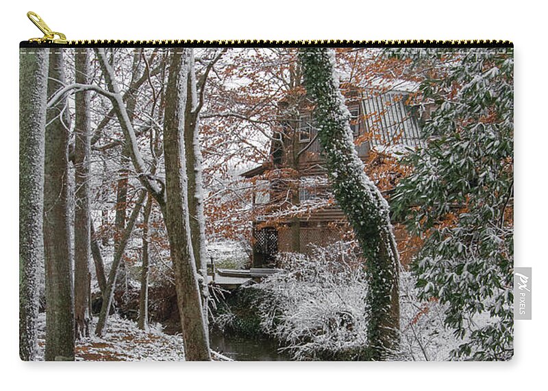 Cabin Zip Pouch featuring the photograph Cabin in the woods by Jamie Tyler