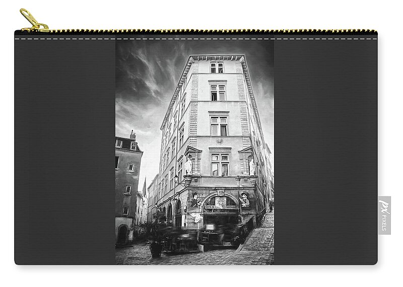 Lyon Carry-all Pouch featuring the photograph Cafe du Soleil Lyon France Black and White by Carol Japp