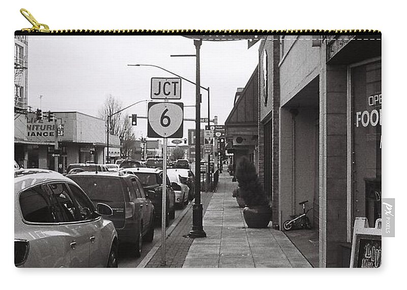 Street Photography Zip Pouch featuring the photograph Cafe in Quiet Town by Chriss Pagani