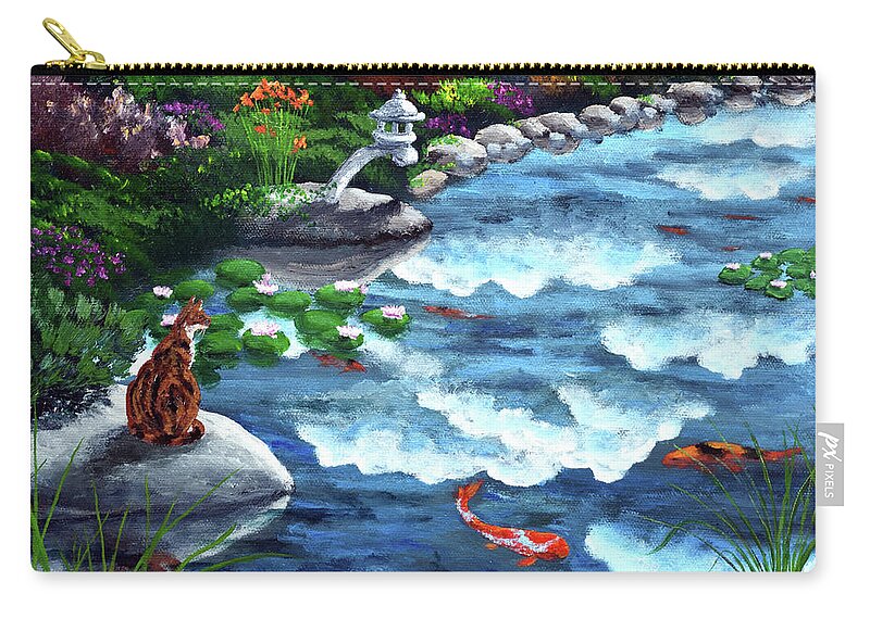 Calico Cat Zip Pouch featuring the painting Calico Cat at Koi Pond by Laura Iverson
