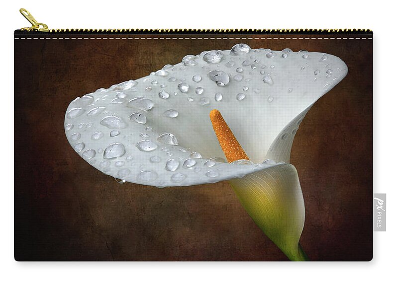 Rainwater Zip Pouch featuring the photograph Calla Lily With Rainwater by Endre Balogh