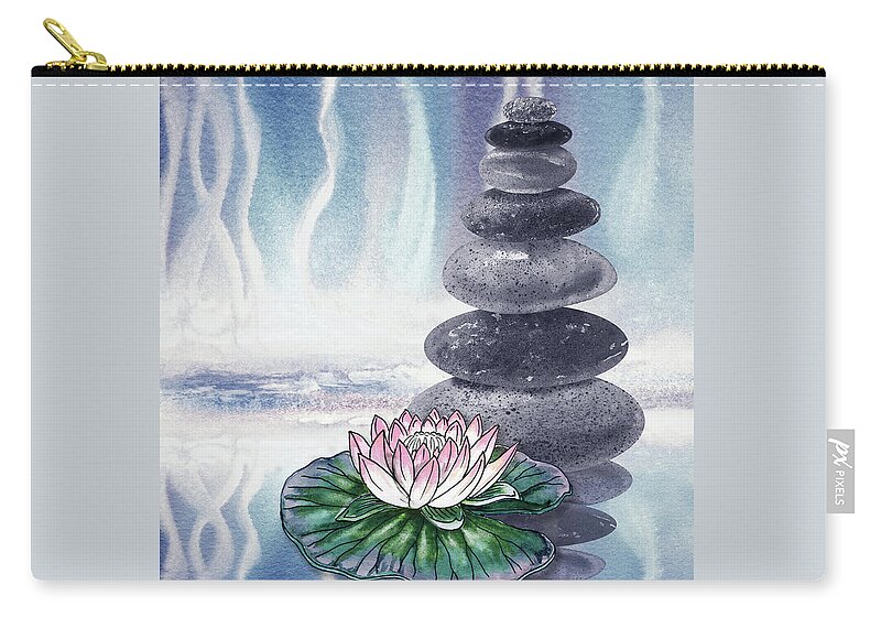 Zen Rocks Zip Pouch featuring the painting Calm Peaceful Relaxing Zen Rocks Cairn With Flower Meditative Spa Collection Watercolor Art VIII by Irina Sztukowski