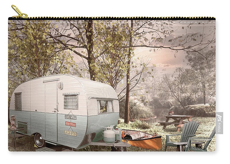 Camper Zip Pouch featuring the photograph Camping at the Creek in Cottage Hues by Debra and Dave Vanderlaan