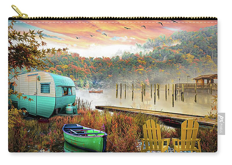 Camper Zip Pouch featuring the digital art Camping at the Lake in Autumn by Debra and Dave Vanderlaan
