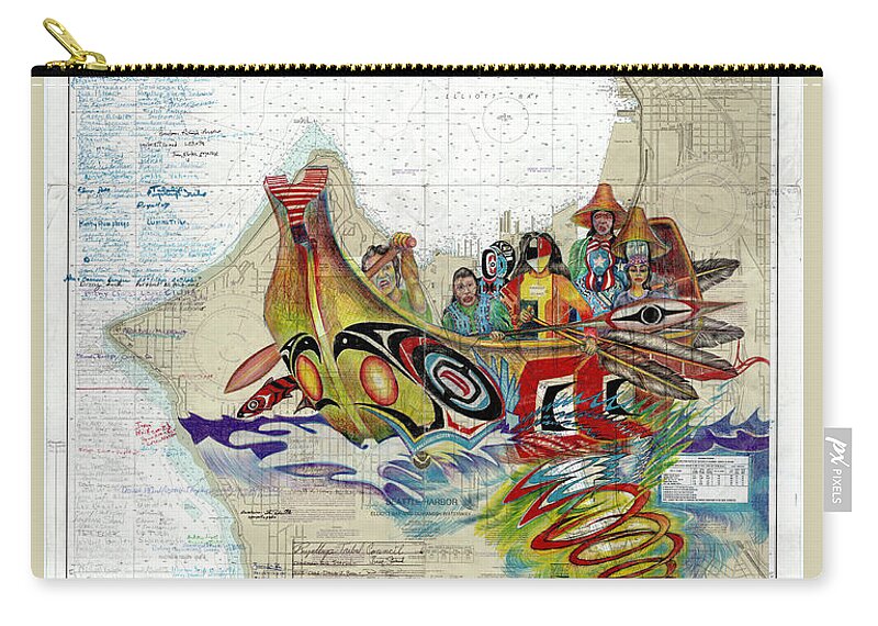 Canoe Journey Zip Pouch featuring the drawing Canoe Journey Seattle by Running Fisher