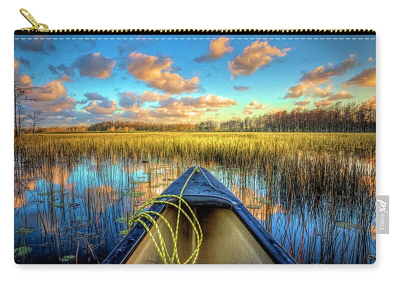 Boats Zip Pouch featuring the photograph Canoeing on the River at Sunset by Debra and Dave Vanderlaan