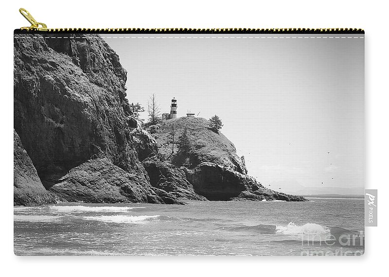 Lighthouse Black And White Zip Pouch featuring the photograph Cape Disappointment in Black and White with Vignette by Carol Groenen