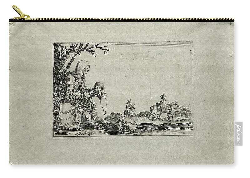 Antique Carry-all Pouch featuring the painting Caprices Seated Beggar Woman with Two Children c. 1642 Stefano Della Bella by MotionAge Designs