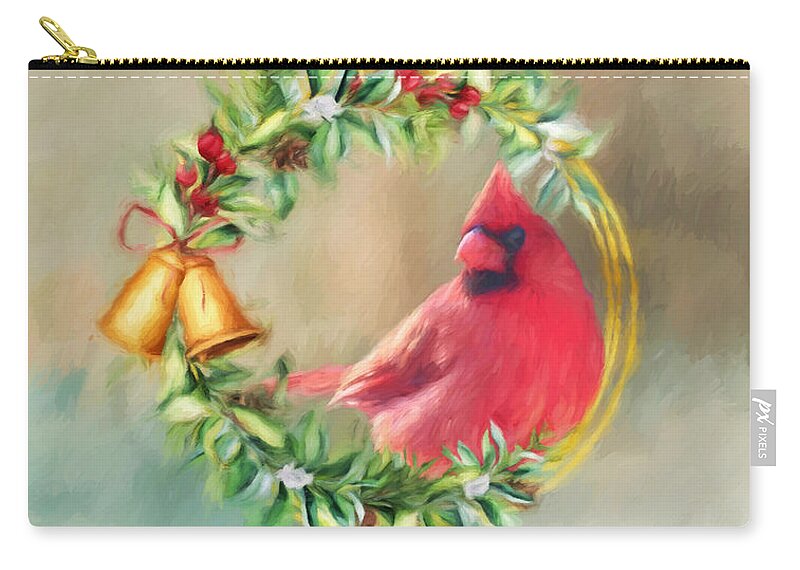 Cardinal Holiday Card Zip Pouch featuring the digital art Cardinal Peace by Jayne Carney