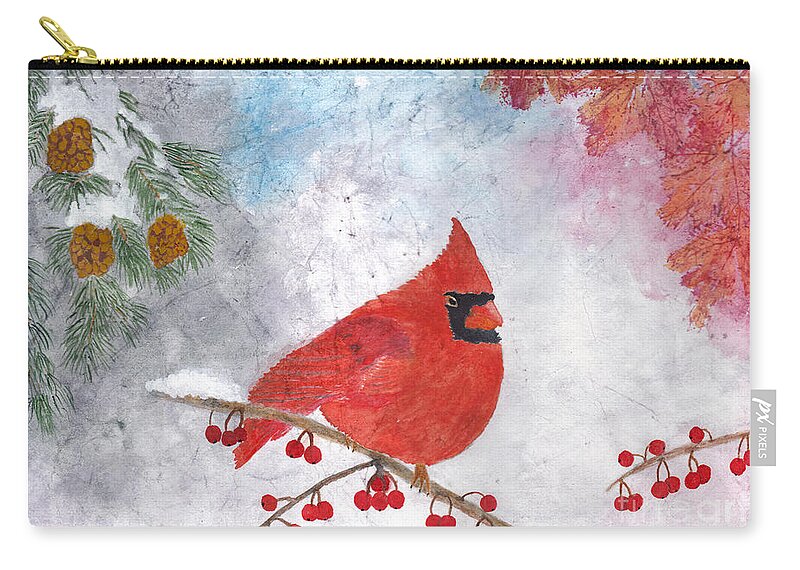 Cardinal Zip Pouch featuring the painting Cardinal with red berries and pine cones by Conni Schaftenaar