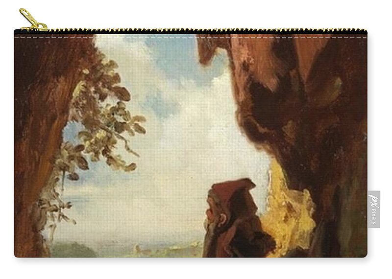  Zip Pouch featuring the painting Carl Spitzweg - Gnome watching railway train by Les Classics
