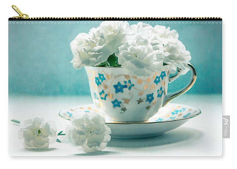 Still Life Zip Pouch featuring the photograph Carnations in a Teacup by Maggie Terlecki