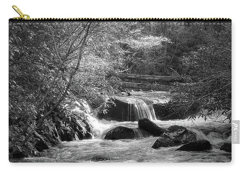 Black Zip Pouch featuring the photograph Cascading Waters in the Mountains Black and White by Debra and Dave Vanderlaan