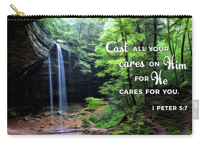 Bible Verse Zip Pouch featuring the painting Cast Your Cares by Christopher Arndt