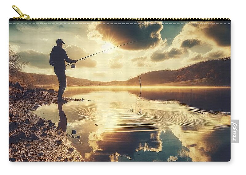 Man Zip Pouch featuring the photograph Casting a Line along the Mighty Mississippi by Bill and Linda Tiepelman