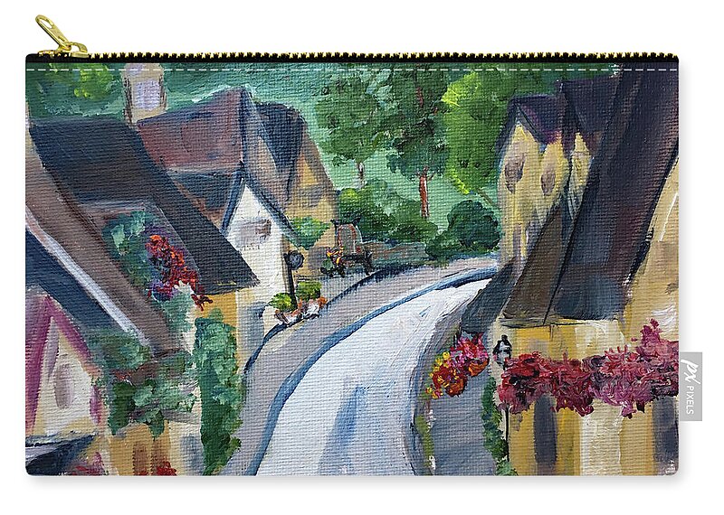 Castle Combe Zip Pouch featuring the painting Castle Combe view from Town Square by Roxy Rich