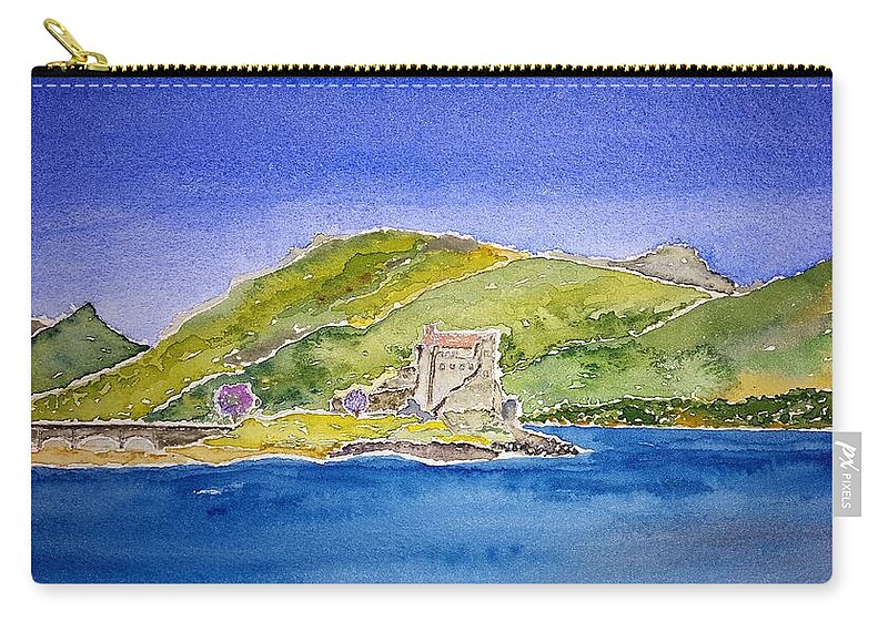 Watercolor Zip Pouch featuring the painting Castle Eilean Donan by John Klobucher