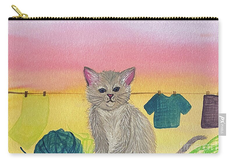 Cat Zip Pouch featuring the mixed media Cat and Yarn by Lisa Neuman