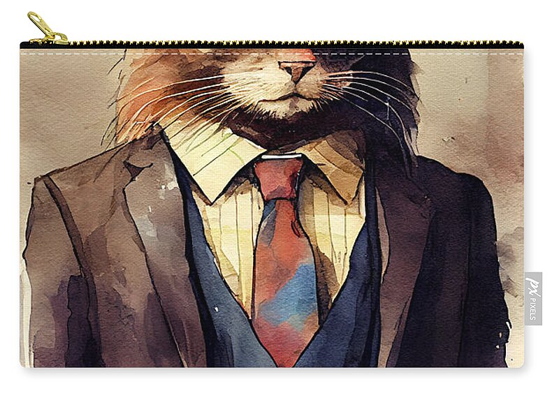 Cat in Suit Watercolor Hipster Animal Retro Costume Zip Pouch by Jeff  Creation - Pixels Merch