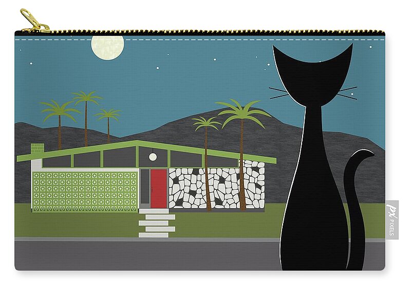 Mid Century Cat Zip Pouch featuring the digital art Cat Looking at Green Mid Century Modern House by Donna Mibus