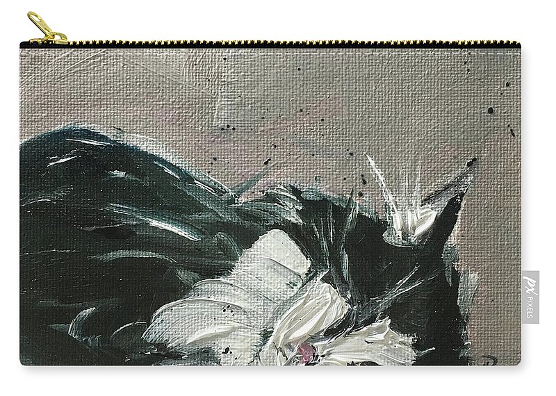 Black And White Cat Zip Pouch featuring the painting Cat Nap by Roxy Rich
