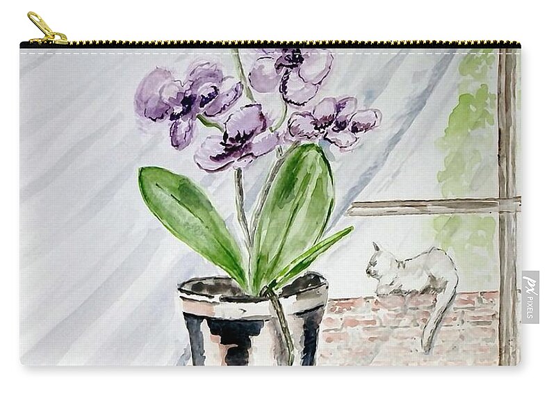 Still Life Zip Pouch featuring the painting Cat through the Window by Claudette Carlton